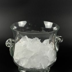 Vintage Roses and Leaves Etched Glass Ice Bucket with Handles 