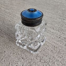 Antique Sterling Silver Guilloche Enamel Blue Salt Shaker Cut Glass c.1920