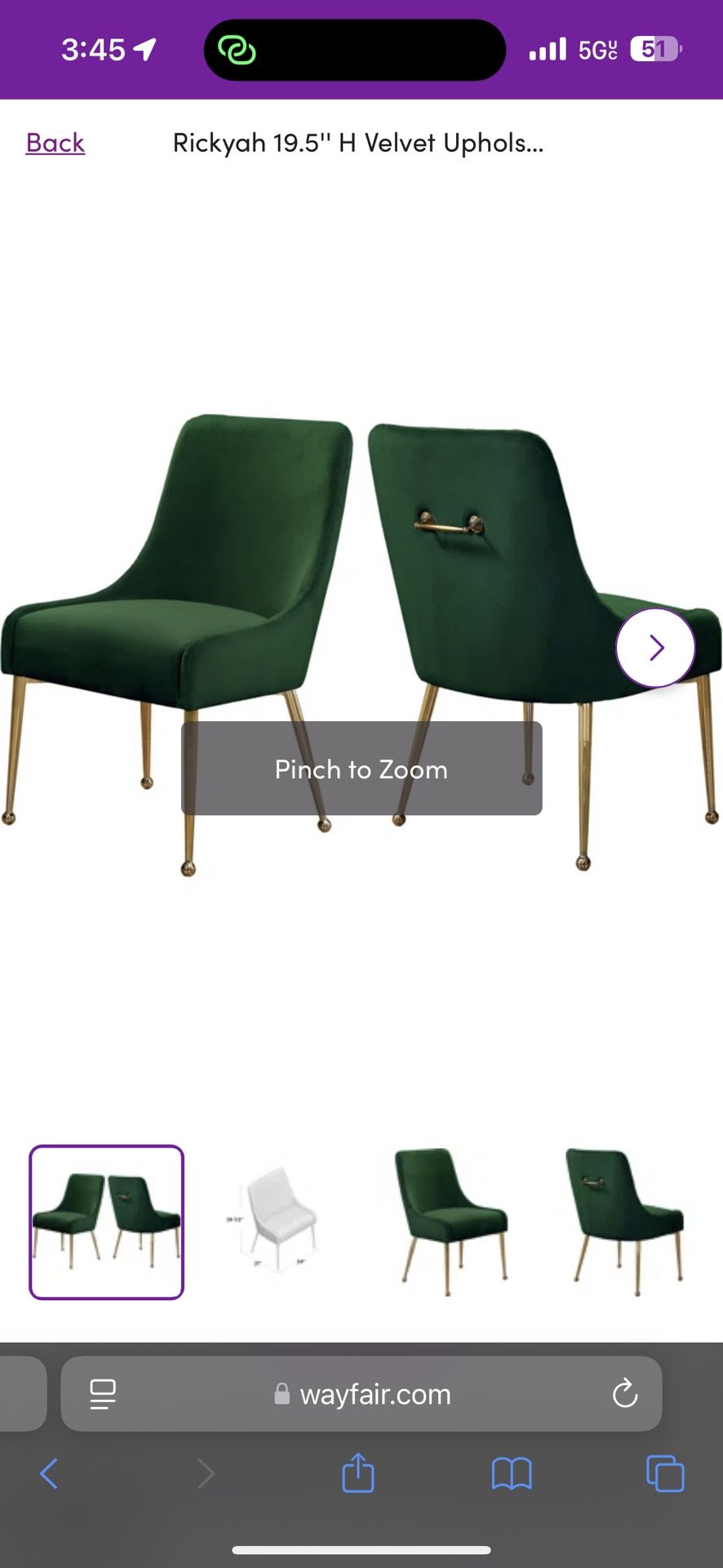 Elegant Dining Chairs Green Velvet Gold Legs 2 Piece Household Dining Set