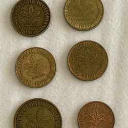Lot Of 6 German Coins - 1967 1 Cent, 1966 5 Cent (x3), 1969 5 Cent, & 1950 10 Cent 
