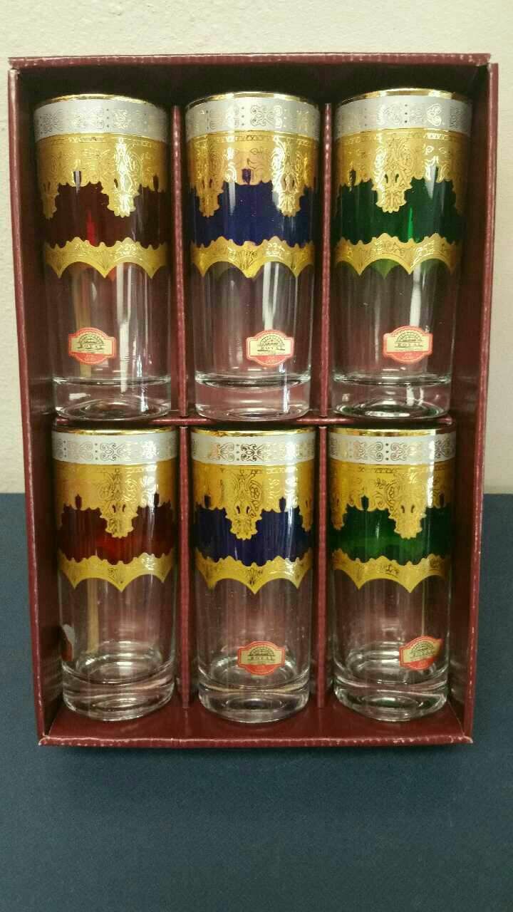 6pc _ Glass Cup / Tumbler set ( NEW ) green, red, blue, gold