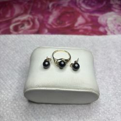 14k Gold Diamond Black Tahitian Pearl Ring And Earrings 