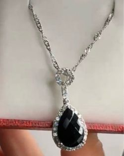 Silver Tone Black Onyx Teardrop Halo Pendant Necklace w/ CZ Rope Chain