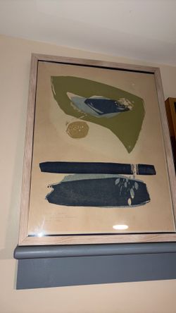 framed abstract artwork is consistent with a Japanese sōsaku hanga woodblock print by artist Takahashi Rikio.