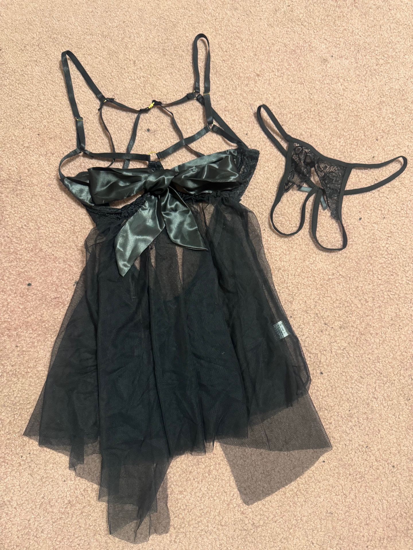 New xl black mesh sheer set bow Lingere panty Teddy babydoll nightgown goth emo