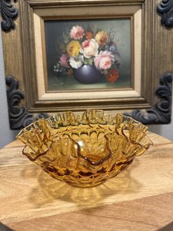 Vintage Mid Century Amber Glass Scalloped Fluted Edge Candy Dish | Honey Yellow | Spring Decor