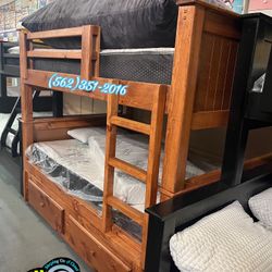 Oak Wood Full Over Full Bunk Bed  & Giant Storage Trundle 
