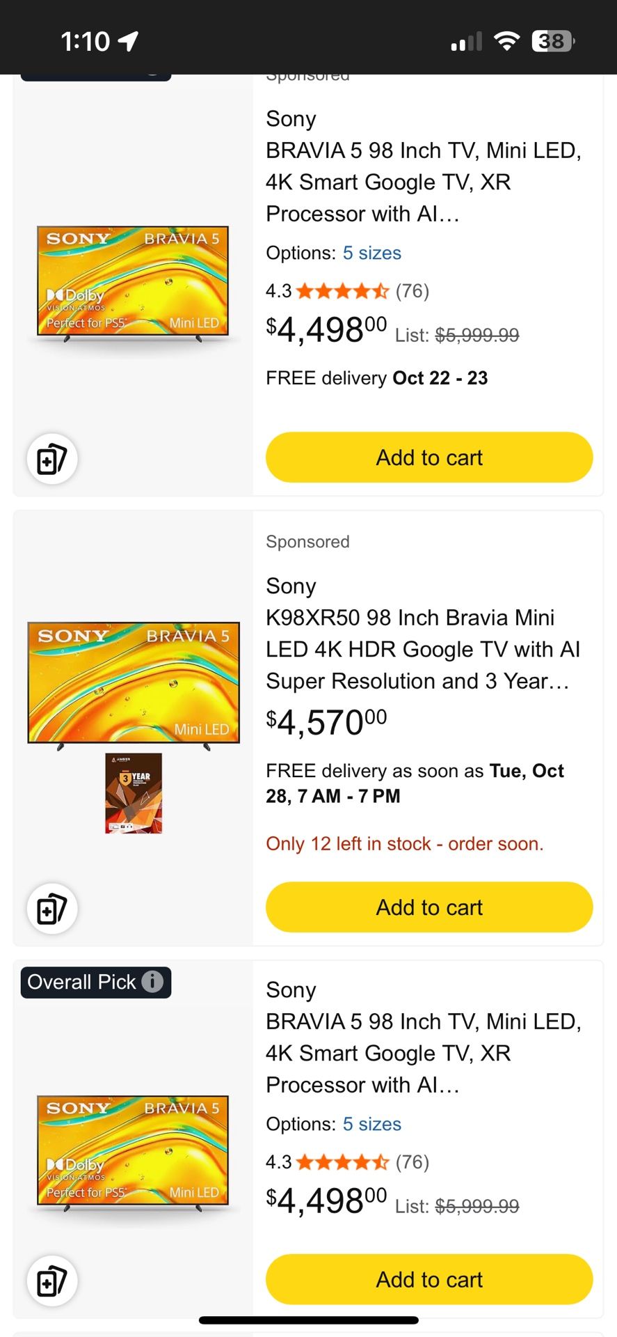 Sony BRAVIA 5 98 Inch TV, Mini LED, 4K Smart Google TV