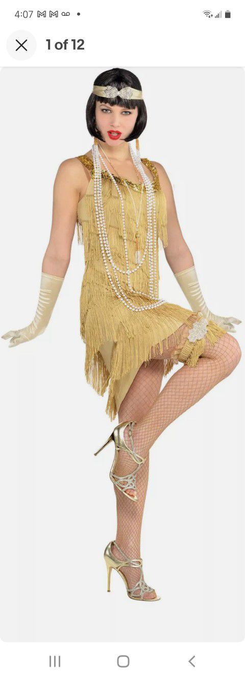 Halloween costume sexy Flapper Girl 20s party Gold Champagne Color One Size 5 pc
