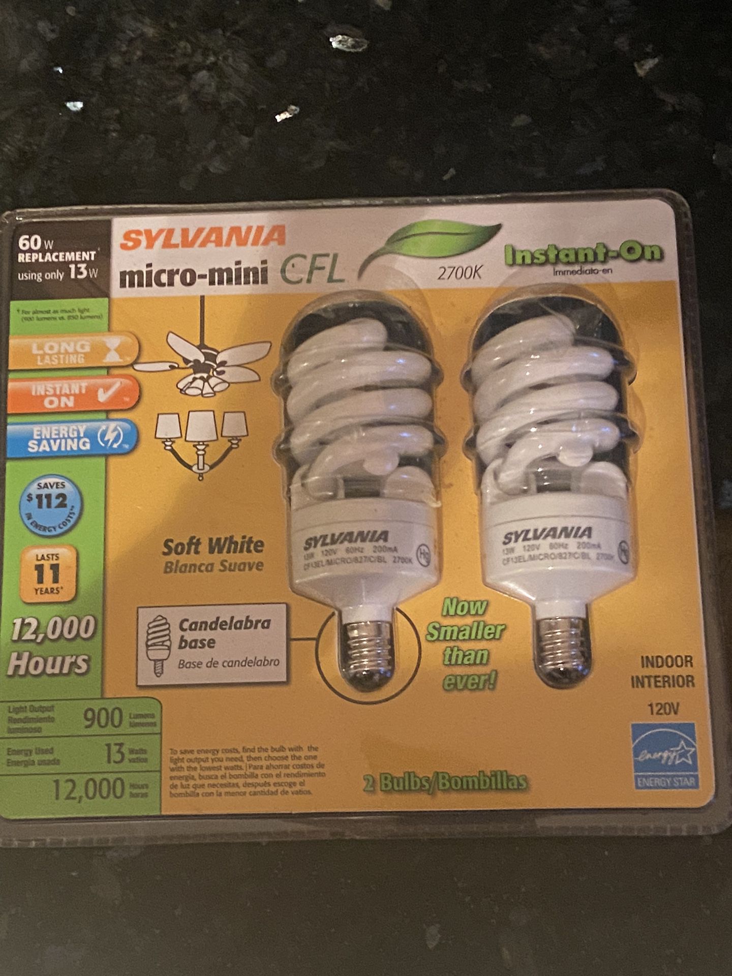 2 Sylvania Micro-Mini CFL Soft White Light Bulbs. 60 watt/120 volts. Indoor/Interior.Candelabra Base