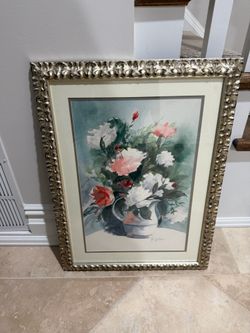 Vintage Framed and Matted Floral Watercolor 20 x 26,5 Smoke free household
