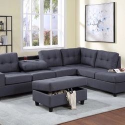 Heights Gray Reversible Sectional with Storage Ottoman 