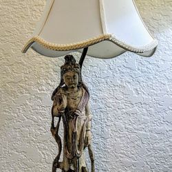 18th Century Polychrome Carved Wood Guanyin Turned Lamp