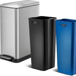 13 Gallon Slim Kitchen Trash Can with Dual Compartments for Trash and Recycling, Soft Close Lid, Step Pedal, Stainless Steel, Silver  Smarter S