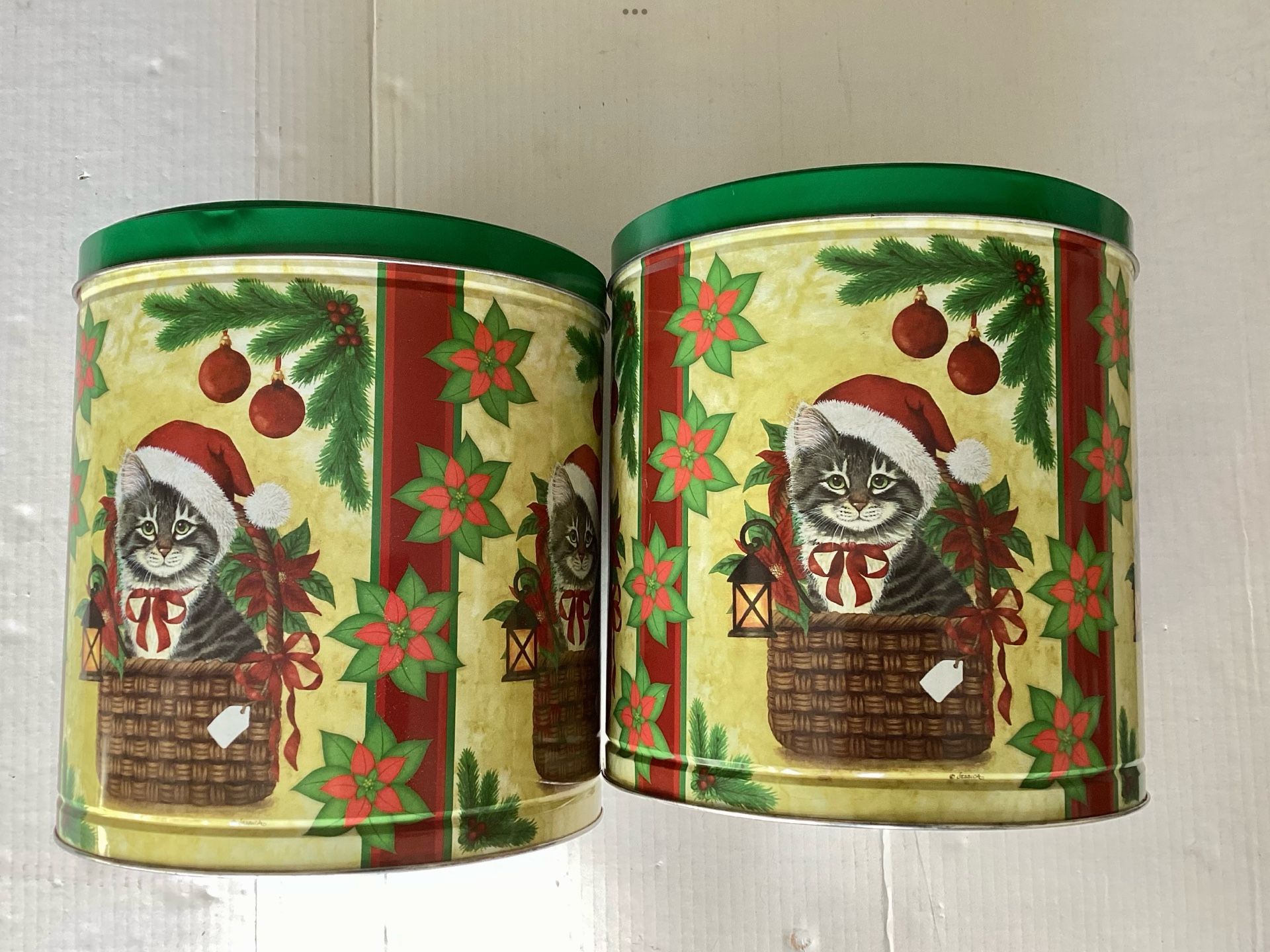 2 Vintage Large Tin Storage Containers w/ Lids Christmas Santa Cats 10” Tall