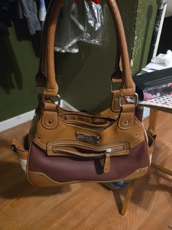 Tan and Burgundy Faux Leather Shoulder Bag