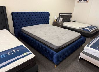 Blue Velvet Tufted Queen Size Bed Frame