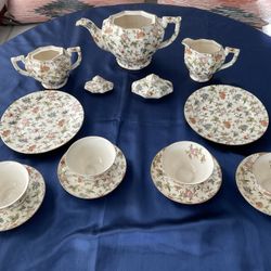 Antique 1920’s Moriyama Mori-machi Hand Painted Rose Chintz Tea set, GOLD gilt