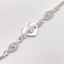 Solid 925 Sterling Silver Evil Eye Heart Pink CZ 7 1/4 inch Protection Bracelet