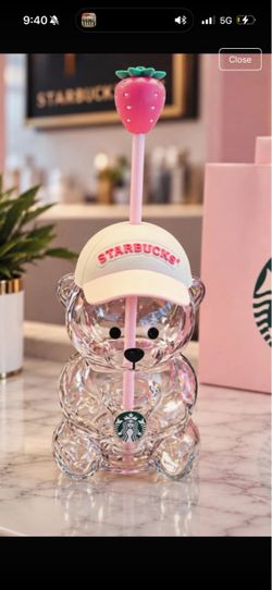 🍓💗 Starbucks-Inspired Crystal Teddy Bear Tumbler 💗🍓