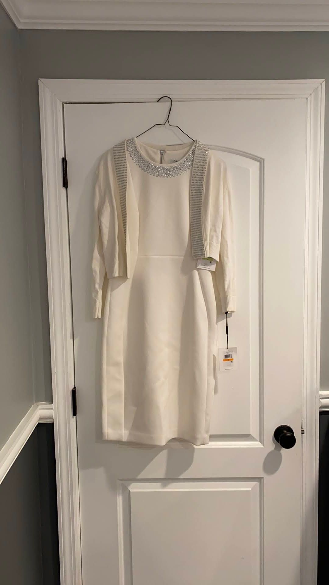 CALVIN KLEIN Fitted White Embellished Dress And Sweater