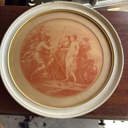  The image shows a tondo print, likely a mezzotint or stipple engraving, featuring a classical scene. 