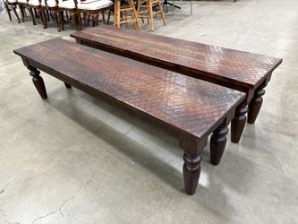 Solid Wood Hammered Finish Rustic Farmhouse Dining Bench with Turned Legs (Set of 2)