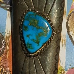 Vintage Native American BOLO TIE CLASP SLIDER. STERLI G  SILVER TURQUOISE. PLEASE READ DESCRIPTION 