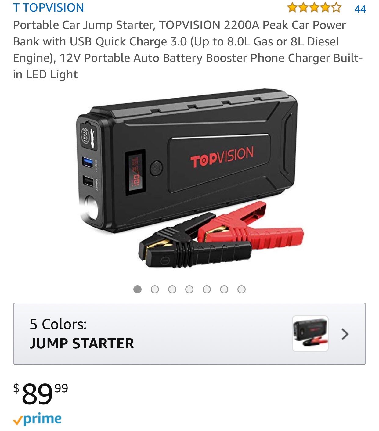 ☝️ Portable Car Jump Starter, TOPVISION 2200A Peak Car Power Bank with USB Quick Charge 3.0 (Up to 8.0L Gas or 8L Diesel Engine), 12V Portable Auto B