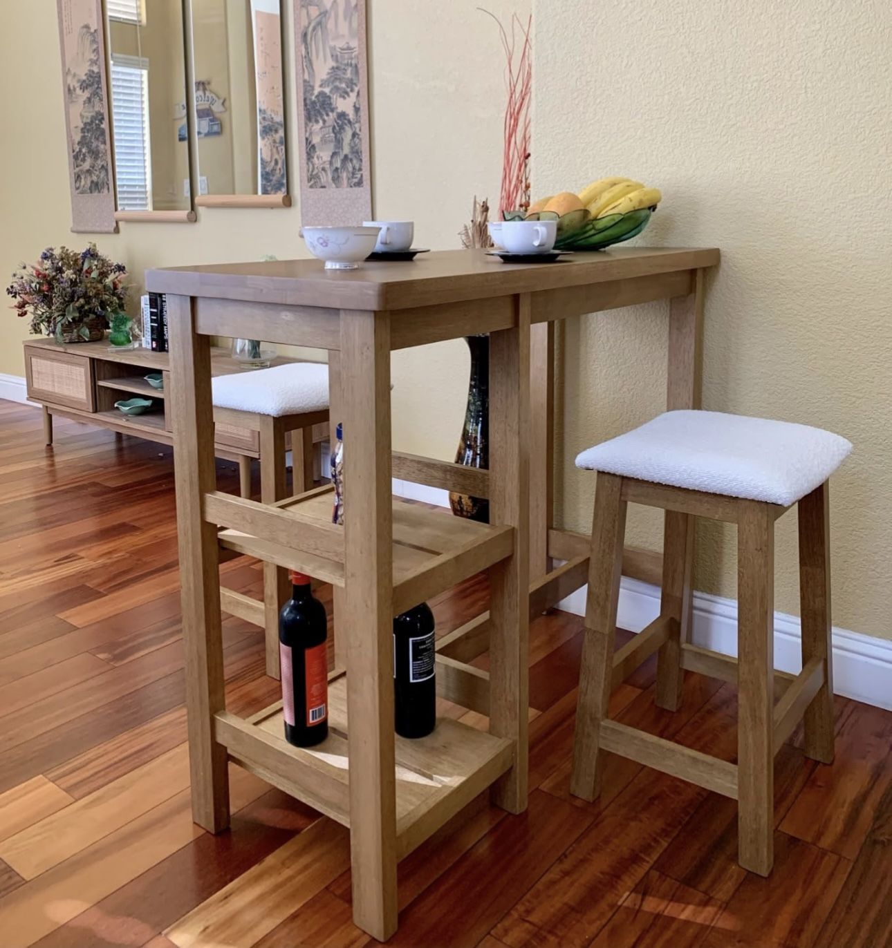 Kelly Solid Wood Counter Table Set w/ 2 Boucle Stools, 3-Piece Small Dining Kitchen Island Table Set