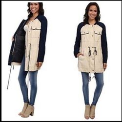 BCBG MaxAzria Marie Oatmeal Beige Navy Long Sleeve Parka Jacket Trench XS