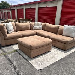 FREE DELIVERY Tan 5-Piece Suede Sectional Couch w/ Ottoman – Great Condition!