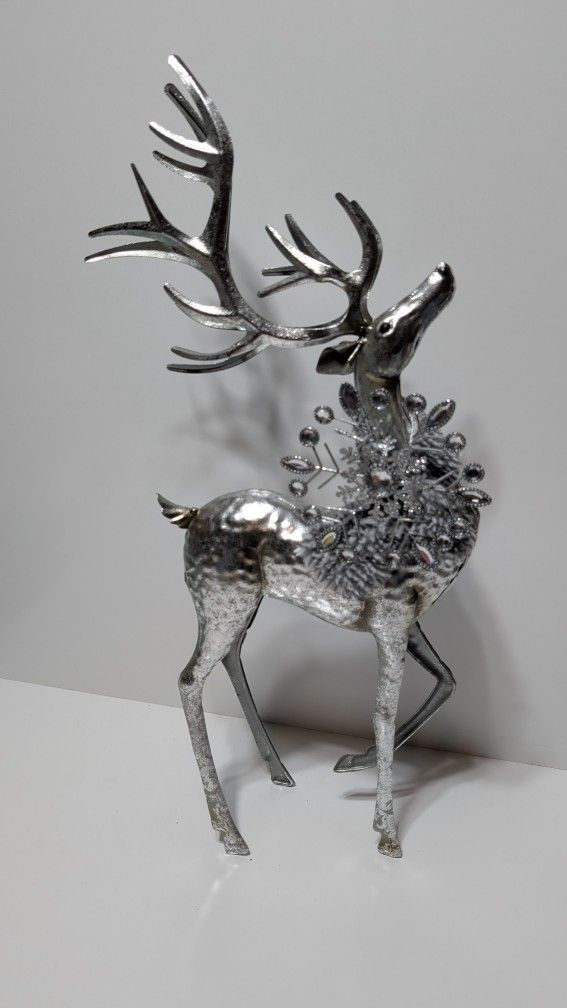 Silver Metal Reindeer Sculpture 21-Inch Elegant Holiday Christmas Decor Statue