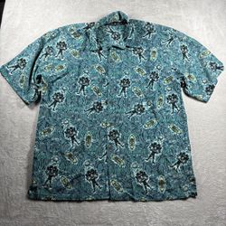 Vintage Johnny Blaze Tiki Head Hawaiian Mens XL Blue Button Up Short Sleeve #617
