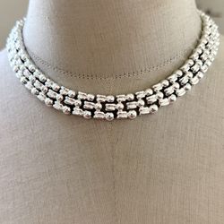 Vintage Silver Tone Beaded Collar Necklace Wide Linked Panel Choker