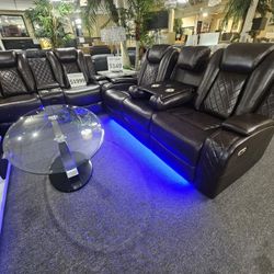 Brand New Brown Synthetic Leather LED Power Reclining Sofa + Loveseat With Bluetooth Speakers, Cup Holders, Reading Lights, Storage Arms, USB 