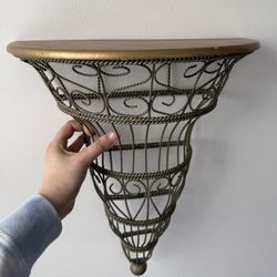 Open to offers - Decorative antique gold / aged brass Wrought Iron Wall Shelf with Wood Top