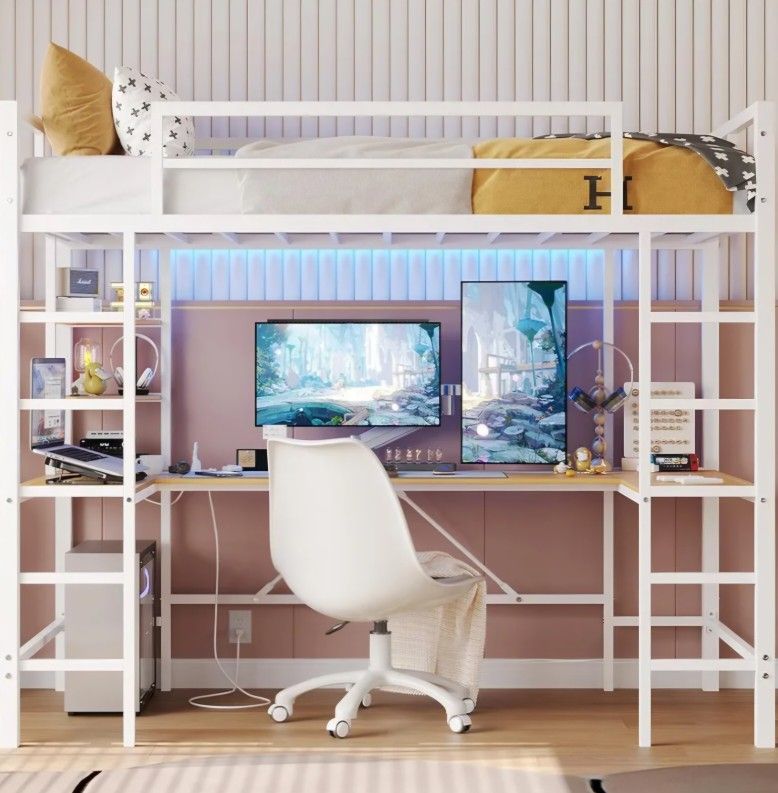 White Loft Bed with U-Shape Desk