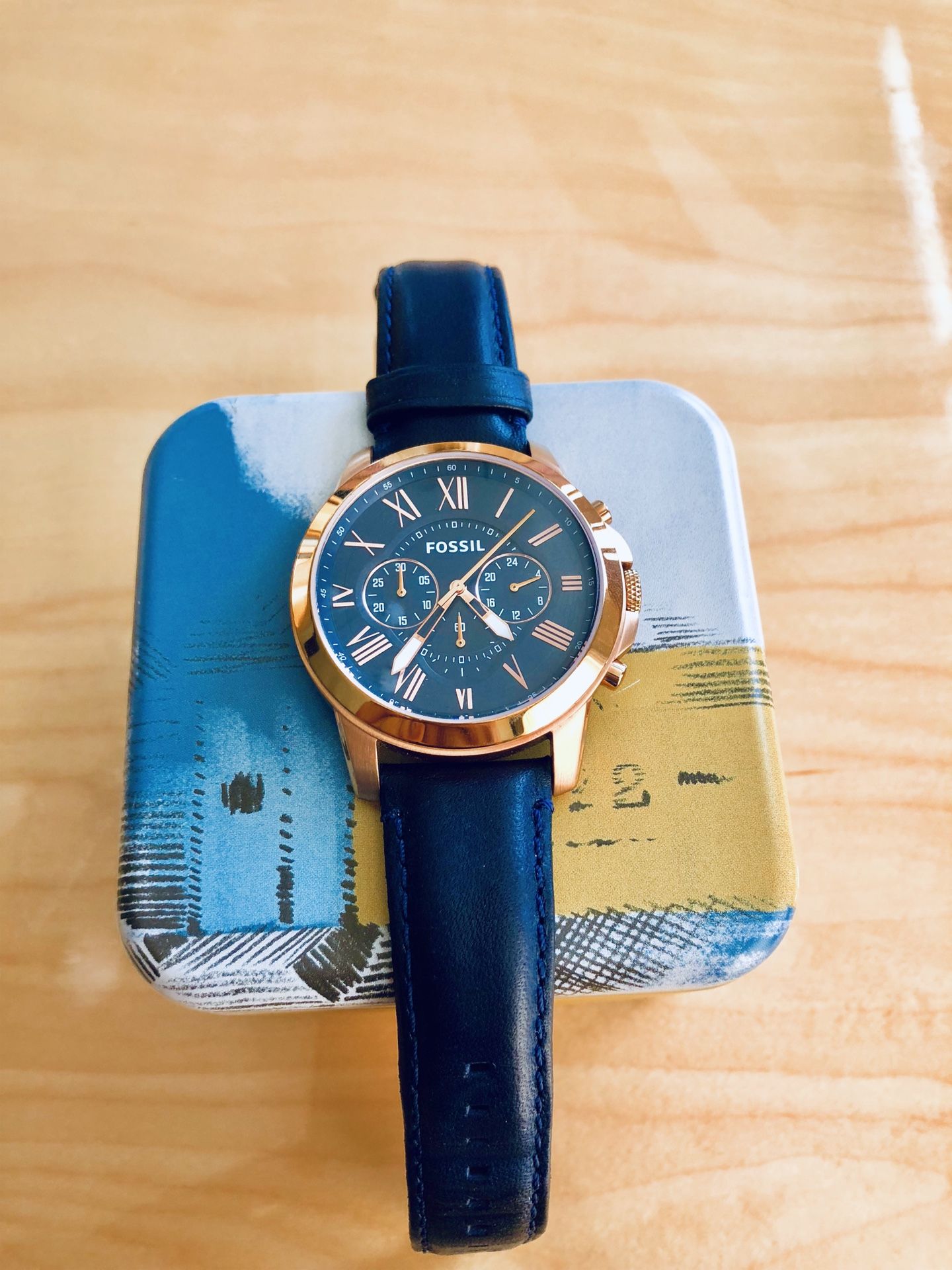 Fossil Men's Rose Gold Dial Navy Leather Strap Watch