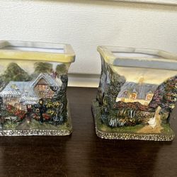 Thomas Kinkade Evening At Swanbrooke Cottage  Candle Holder 3" Square Tea Lights Holder Set
