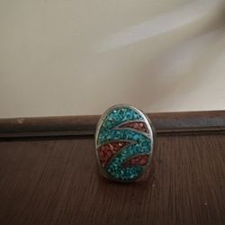 Men’s Vintage Navajo Coral And Turquoise Sterling Silver Ring