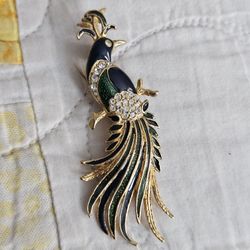 Vintage Gold Tone Enamel Rhinestone Peacock Brooch