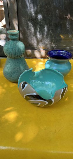 Set/3 vintage teal blue vases: incised lava; hand painted black/white/tan & Neiman Marcus/Japan