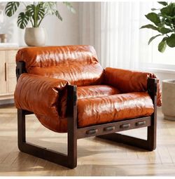 New assembled Mid Century Modern Accent Chair, Leather Reading Chair with Solid Wood Frame and Removable Padded Armrests, Upholstered Armchair for Liv