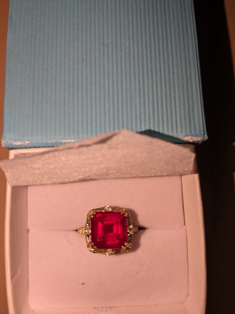 14k Gold 7.54  Carat Emerald Cut Ruby & Diamond Ring 