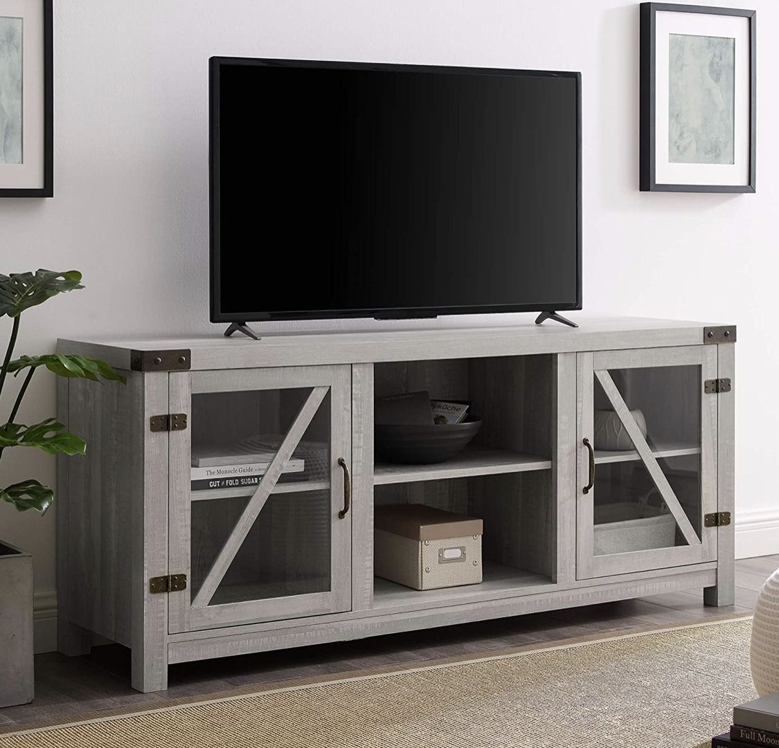 Modern Farmhouse Glass Door TV Stand for TVs up to 65 Inches, 58 Inch, Stone Grey