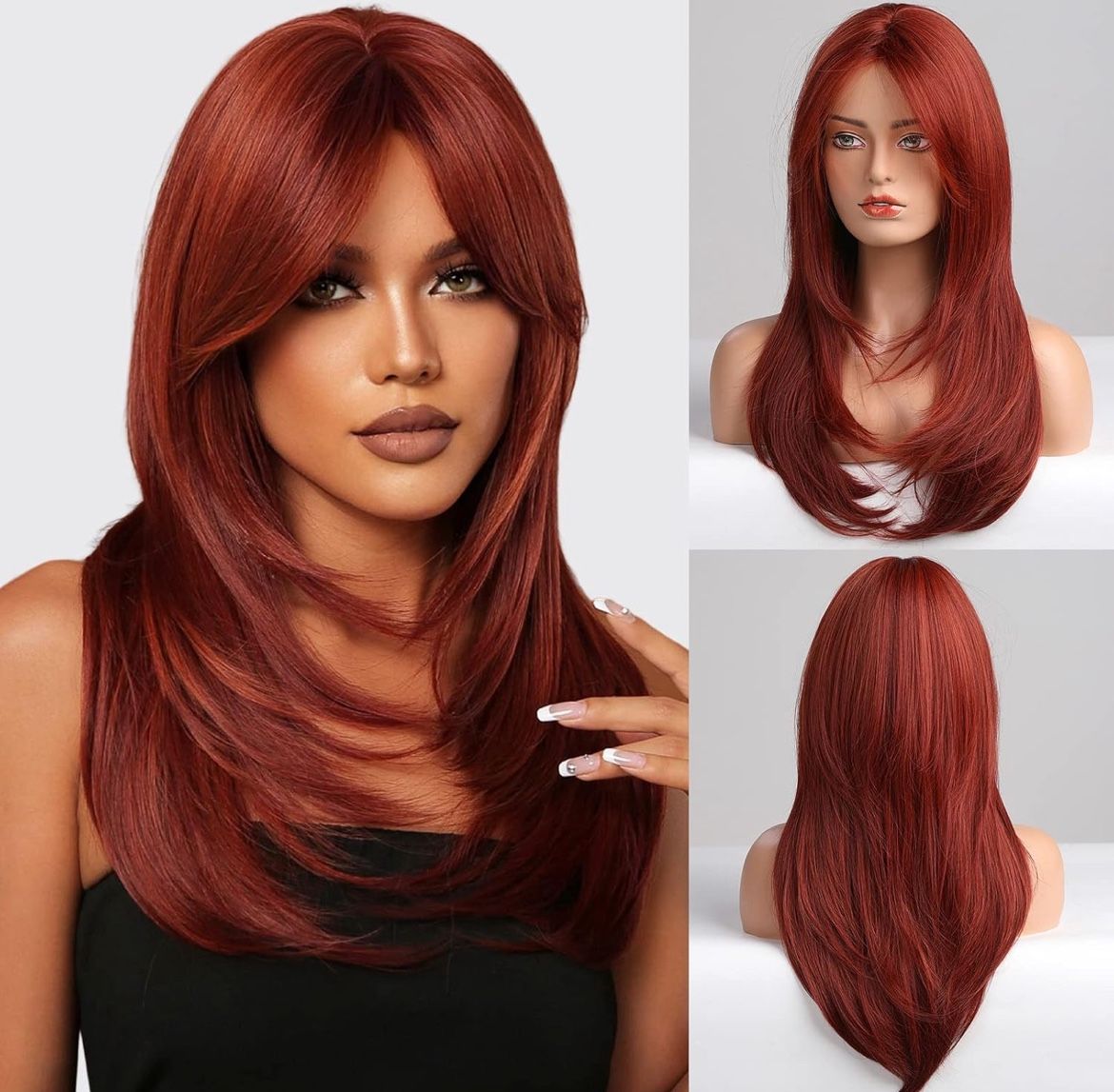 HAIRCUBE Heat Resistant Synthetic Long Layered Red Wig with Bangs