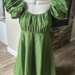 Abercrombie & Fitch Emerson Poplin Green Puff Sleeve Mini Dress With Pockets-Small Petite