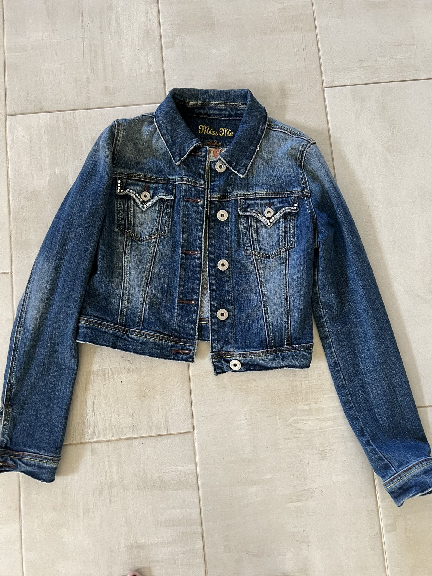 Miss Me- Jean Jacket Crop with rhinestones- Women"s M-Cross With Word ROCK On The Back 