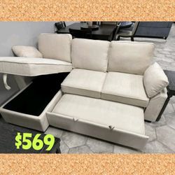  91"W Beige Chenille REVERSIBLE Sleeper Sectional with Storage Chaise, Drop-Down Table, Cup Holders,charging ports